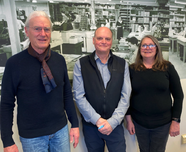 From left, AEGG and Beatty President John Hueston, retiring manager and former owner Ian Buckham, and new manager Rebecca Robertson.