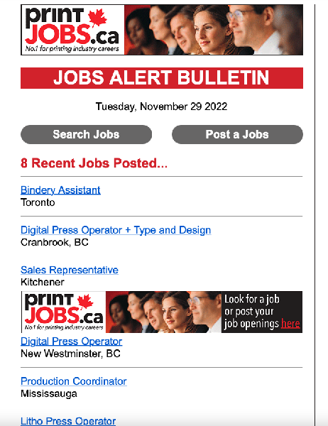 Monthly bulletin on current jobs in the printing industry