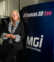 Christine Yardley, President, Print Panther Direct with JETvarnish 3D Evolution Press.
