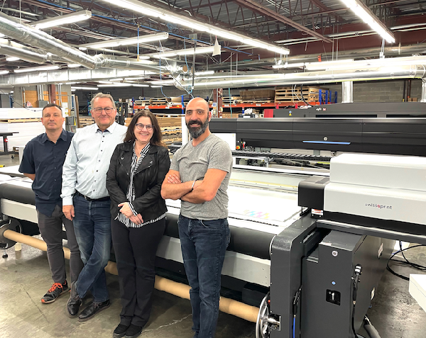 left to right: Fran&ccedil;ois Allard, Daniel Lefevre, Lucie Carbonneau, and Samir Mardini with their new swissQprint Nyala 4 flatbed printer.