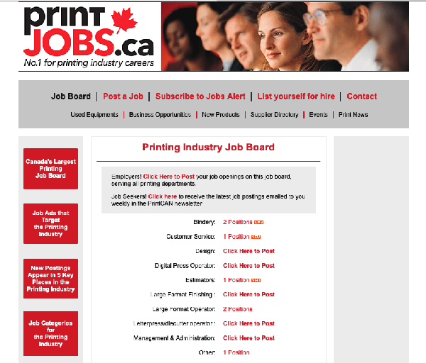 Canadian jobs listed by printing industry categories